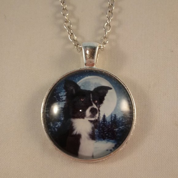 Silver Puppy Dog Border Collie Trees Moon Star Cabochon Pendant Necklace 20" - Picture 2 of 3